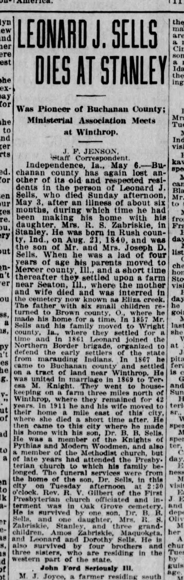 Leonard J. Sells - d. 6 May 1925, Wed. Page 19 The courier (Waterloo, Iowa)